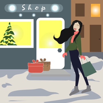 Vector flat illustration young beautiful girl with long black hair in comfortable winter clothes left the store with a package