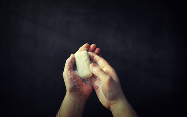 Bare hands in lather and soap. Hand hygiene. To wash hands. Disinfection with soap protection against viruses.