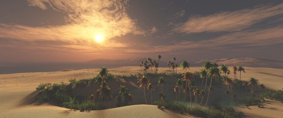 Obraz na płótnie Canvas Oasis at sunset in a sandy desert, a panorama of the desert with palm trees, 3d rendering