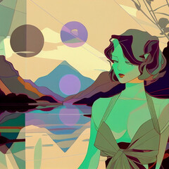 Surrealist woman in bow dress on landscape by Generative AI