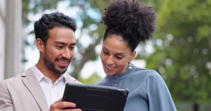 Business people, tablet and team outdoor for online networking, digital marketing and reading website communication. Teamwork, digital tech collaboration and social network meeting in nature park