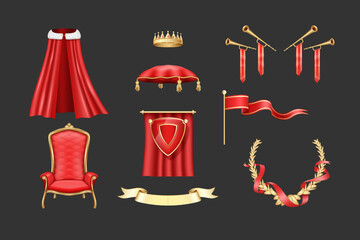 3D king insignia. Royal crown on pillow. Medieval flag. Royalty chair. Velvet cloak. Laurel wreath. Queen throne. Blazon shield. Golden trumpet. Vector realistic emperor symbols set