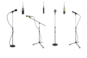 Realistic microphones. Stand mic tripod. Hanging on wire mike. Vintage stage stick. Karaoke studio. Professional concert equipment. Voice volume. Audio broadcast. Vector stereo devices set