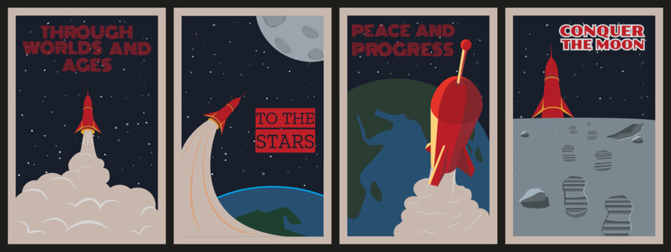 Retro space poster. Vintage rocket. Soviet art. USSR propaganda. Moon conquer. Planet and galaxy exploration. Spaceship launch. Cosmos discovery banners set. Vector illustration design