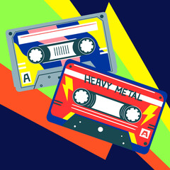 Retro cassette. Stereo mixtape. Heavy metal. Audio plastic record. Listen to music. Old multimedia equipment. 80s musical disco poster. Vintage mix tape technology. Vector illustration