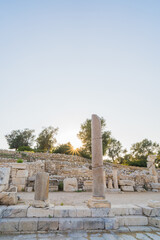 Ancient city columns of Patara (Petra) with blue sky. The ancient city of Patara (Pttra) at sunset. Patara (Pttra). Ruins of the ancient Lycian city. Antalya Turkey