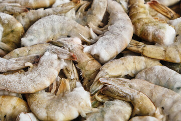 Raw frozen king prawns in a shell without a head, close-up. Catch, preparation seafood for export. Shrimp background.