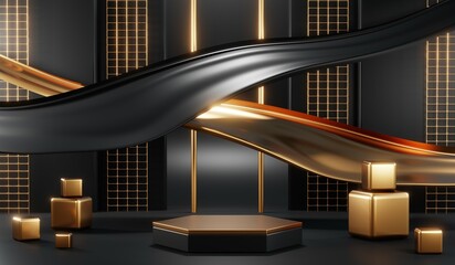 Fototapeta premium 3D rendering of blank product background for cream cosmetics Modern black podium background