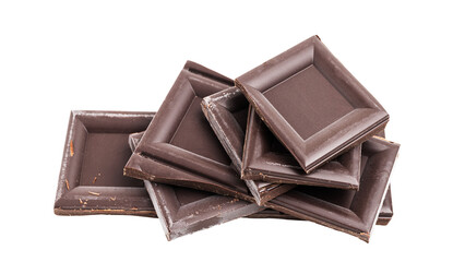 Dark chocolate pieces, cubes on a heap, broken chocolate isolated on transparent background