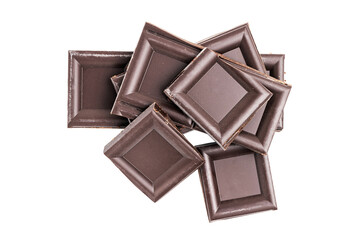 Dark chocolate pieces, cubes on a heap, broken chocolate isolated on transparent background, top...