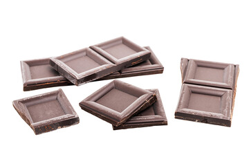 Dark chocolate pieces, cubes, broken chocolate isolated on transparent background