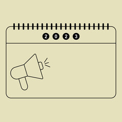 Illustration vector graphic of calendar 2023 with megaphone icon. Good for social media content concept of announcement, notification, marketing. Simple editable design