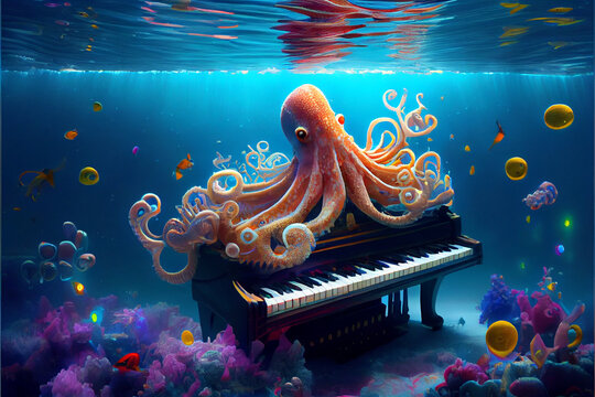 Octopus Playing Piano in Underwater World. Generative ai