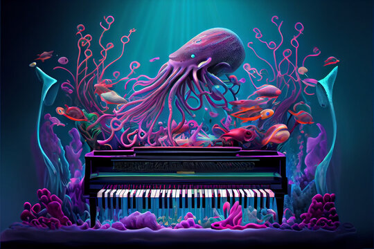 Octopus Playing Piano in Underwater World. Generative ai