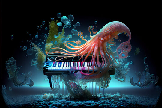 Octopus Playing Piano in Underwater World. Generative ai