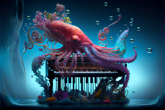 Octopus Playing Piano in Underwater World. Generative ai