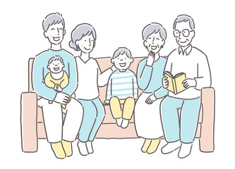 ソファーに座る二世帯家族