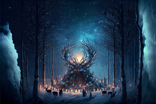 Winter Solstice Celebration in Forest. Generative ai