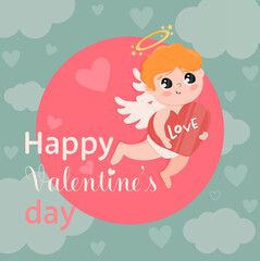 Valentine's day concept poster. Vector illustration. With sweet cupid and hearts. Cute love banner or greeting card