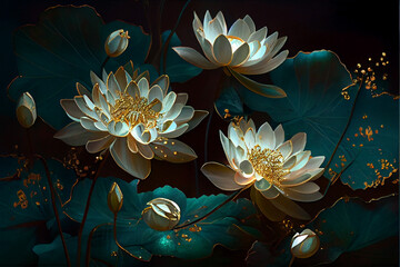 Magical Shimmering Water Lilies. Generative ai