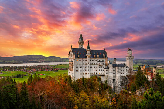 Famous Neuschwanstein castle in Germany during sunset