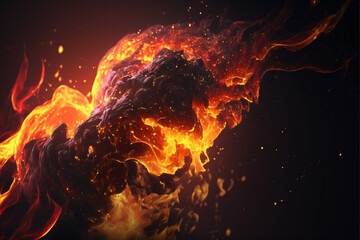 Flames with light particles in dark background, Generative AI.