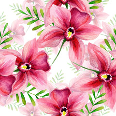 
Watercolor pink orchids in a seamless pattern. Can be used as fabric, wallpaper, wrap.