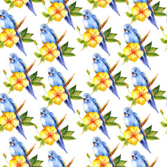 Watercolor blue parrot and yellow hibiscus flower in seamless pattern. Can be used as fabric, wallpaper, wrap.