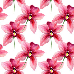 Fototapeta na wymiar Watercolor pink orchid flower in a seamless pattern. Can be used as fabric, wallpaper, wrap.
