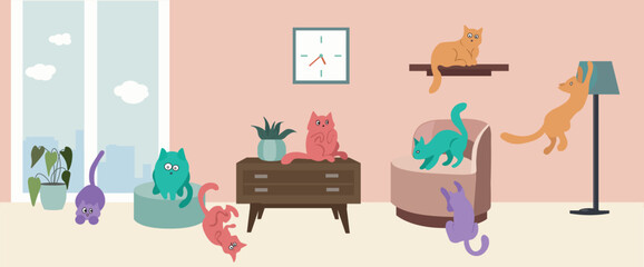 Cozy apartment interior with comfortable furniture, many cats, vector illustration