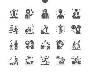 Spring people. Family walks. Barbecue, cycling, planting, hiking. Outdoor recreation. Man in raincoat. Vector Solid Icons. Simple Pictogram