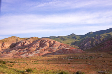 Mountains with red stripes. Khizi region. Azerbaijan.