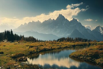 Naklejka na ściany i meble Mountain landscape with lake, jagged peaks and large clouds ,made with Generative AI