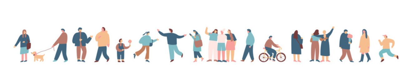 Fototapeta premium People crowd. Background people silhouette vector horizontal banner. Men and women, parents, kids walking outdoor..