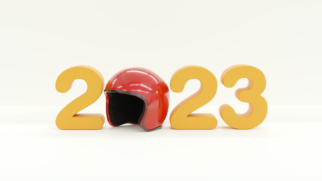 New Year typography design 3d rendering. Yellow lettering of 2023 with red crash helmet on white background. Health and Safety in motor sport concept.