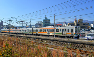 Train running on track in Gunma, Japan