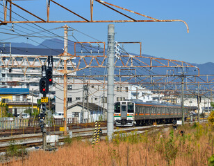 Train running on track in Gunma, Japan