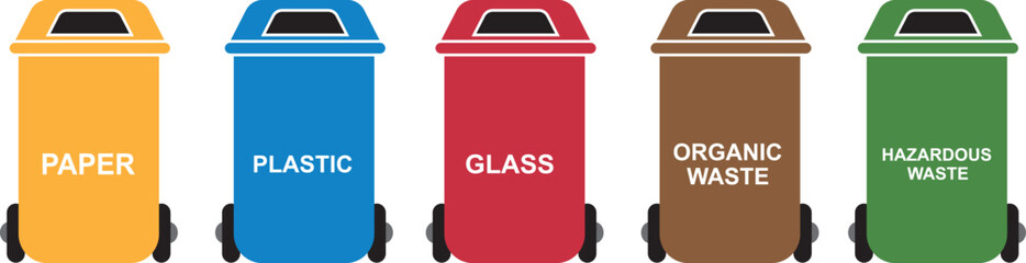 green, yellow, orange, red, blue and black recycle bins with recycle symbol isolated on white background vector illustration