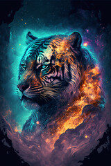 Epic cinematic portrait of a cosmic tiger, Generative AI.