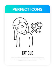 Fatigue, tiredness, apathy gradient flat icon. Tired girl with clockwork on the back. Post-covid syndrome. Vector illustration.