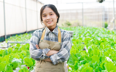 image of asian female farmer in her hydroponic vegetable garden