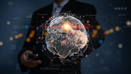 Digital technology communication cyber global network. Business big data and marketing concept WEB 3.0.hand touch globe internet.