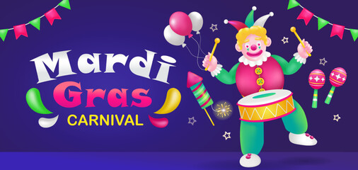 Mardi Gras Carnival. 3d illustration of a clown playing a drum with maracas ornament, fireworks and balloons