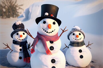 Snowman Snowmen Christmas Coal Eyes Carrot Nose Hat Scarf Winter Illustrated Snowy Snow Background Image