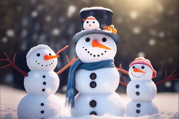 Snowman Snowmen Christmas Coal Eyes Carrot Nose Hat Scarf Winter Illustrated Snowy Snow Background Image
