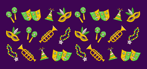 Mardi Gras Carnival. Mask, trumpet, necklace, maracas and party hat icon pattern