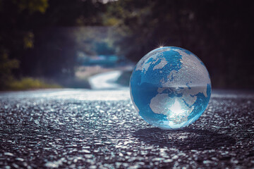 Erdball - Strasse - Ecology - Earth - Lensball - High quality photo - Bioeconomy - A closeup of lensball with reflection planet on ground	