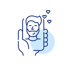 Blogger in social media receiving like reactions to his live translation. Pixel perfect, editable stroke icon