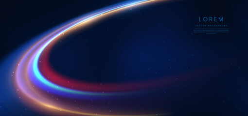 Obraz premium Abstract technology futuristic neon curved glowing blue and gold light lines with speed motion blur effect on dark blue background.