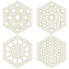 A set of four design elements Based on ornaments of the traditional Japanese craft Kumiko Zaiku. Editable lines